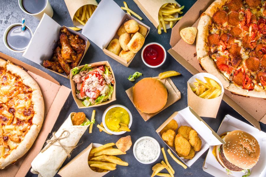 a ton of fast food on a table
