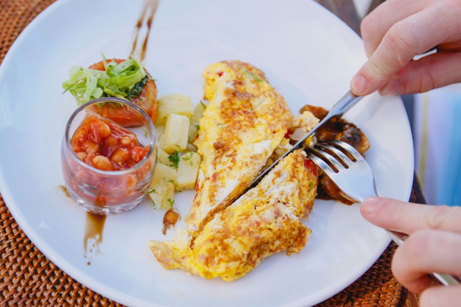 a protein heavy breakfast on a plate