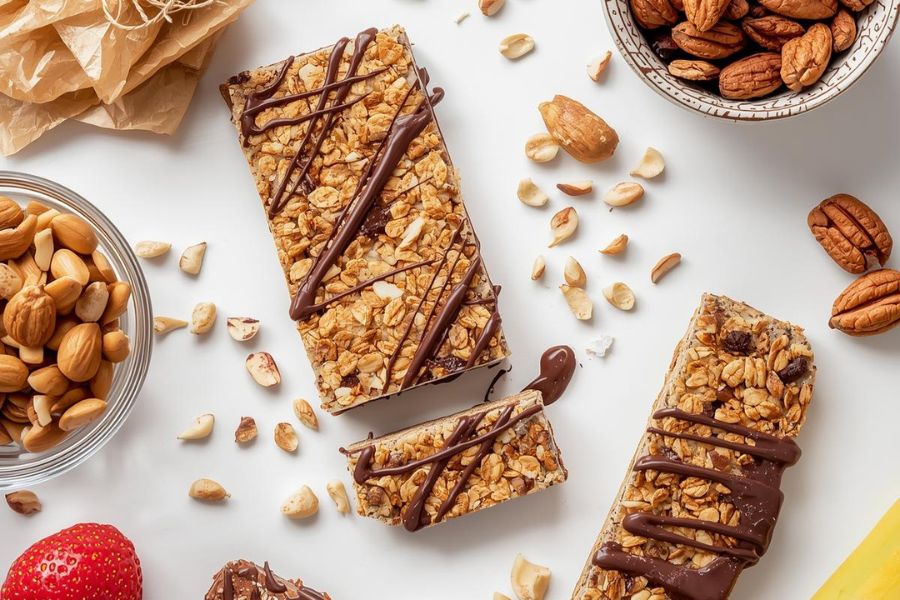 Flat lay of “healthy” snacks on a bright surface — granola bars, nuts, fruit — with one bar unwrapped showing chocolate drizzle.