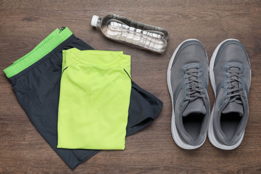 clothes and water for a workout